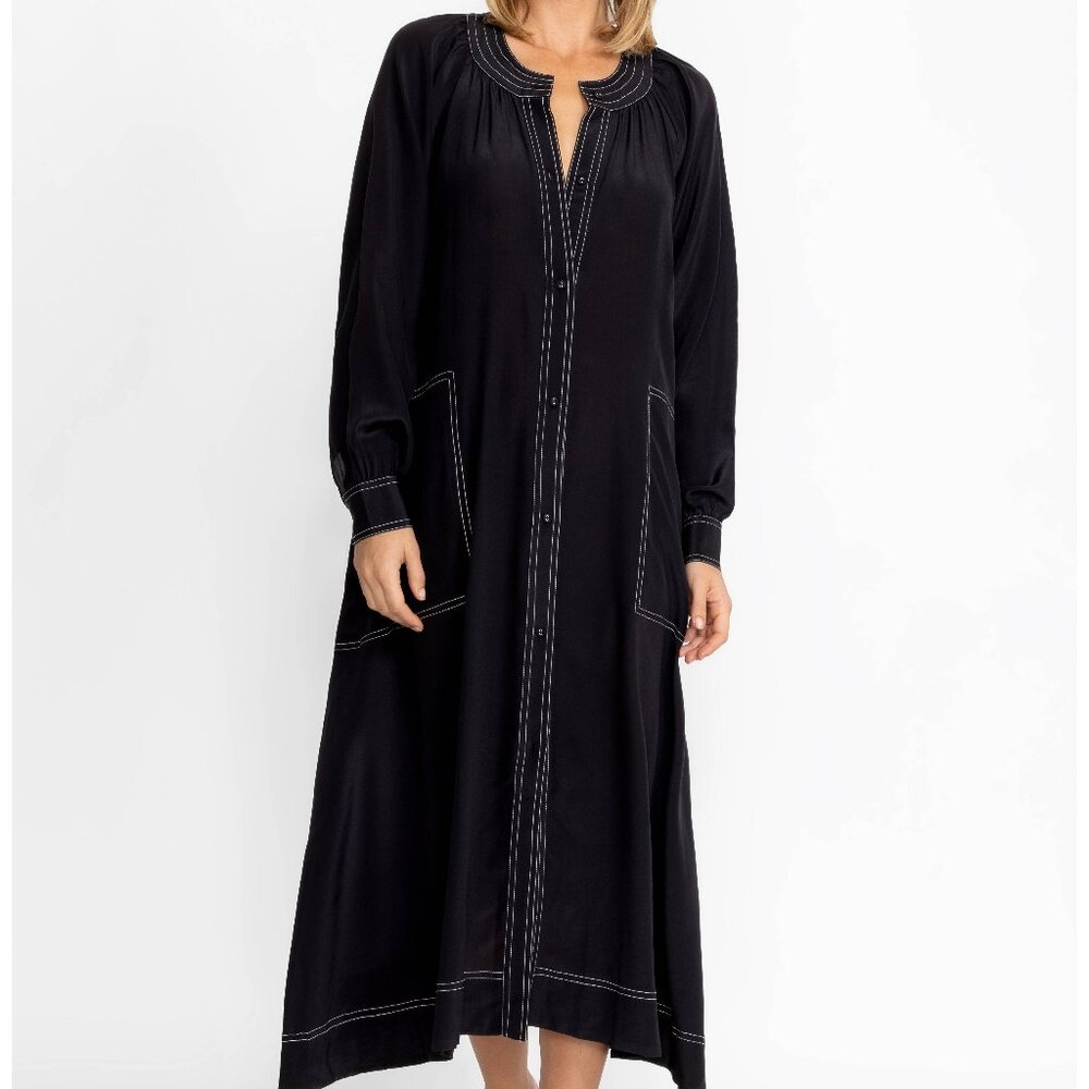 JOHNNY WAS CALME SCOOP NECK BUTTON DOWN MIDI LIYA BLACK SILK DRESS, Size L